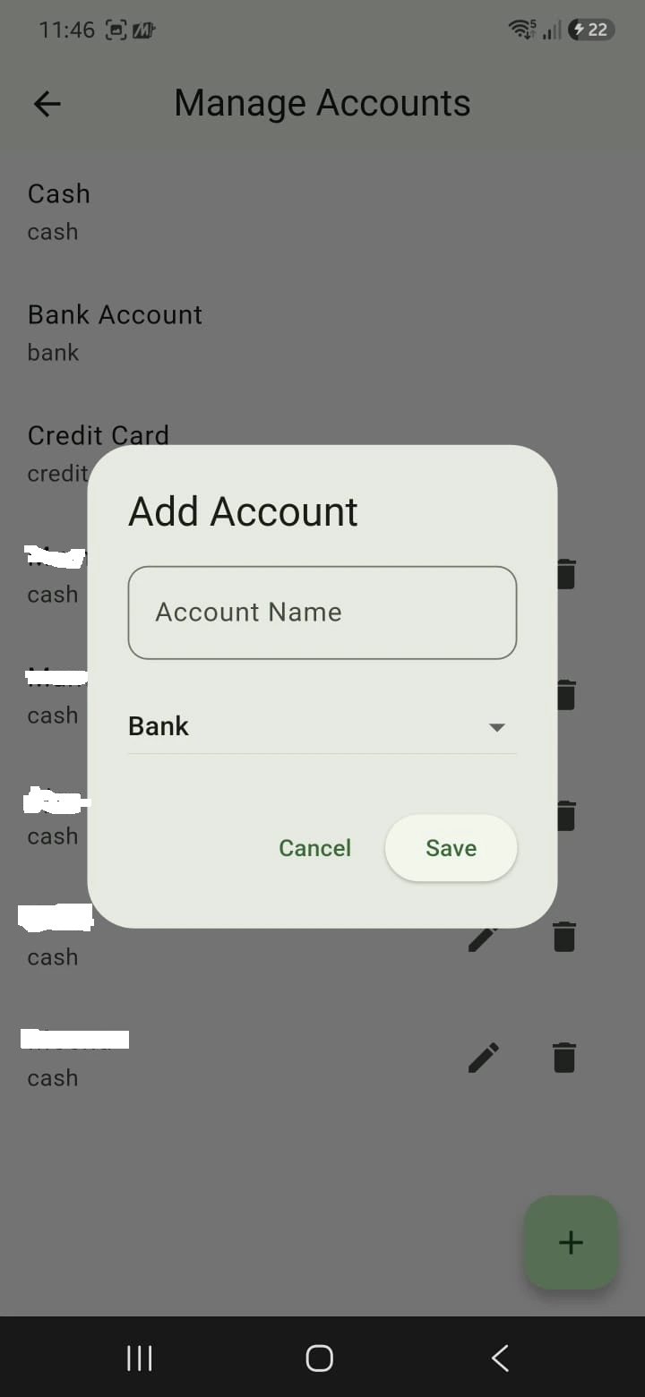 Finance Tracker accounts management screen
