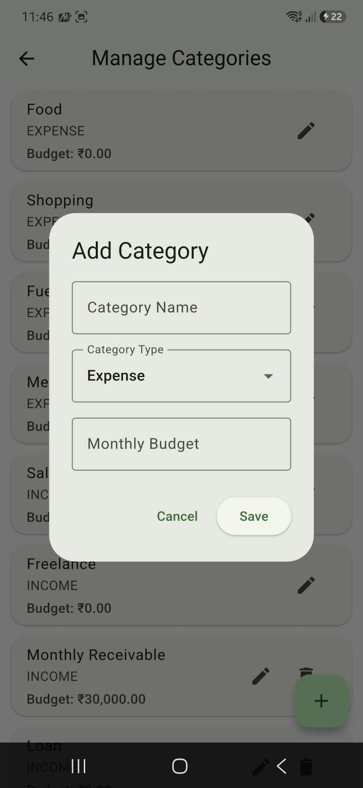 Finance Tracker categories management screen