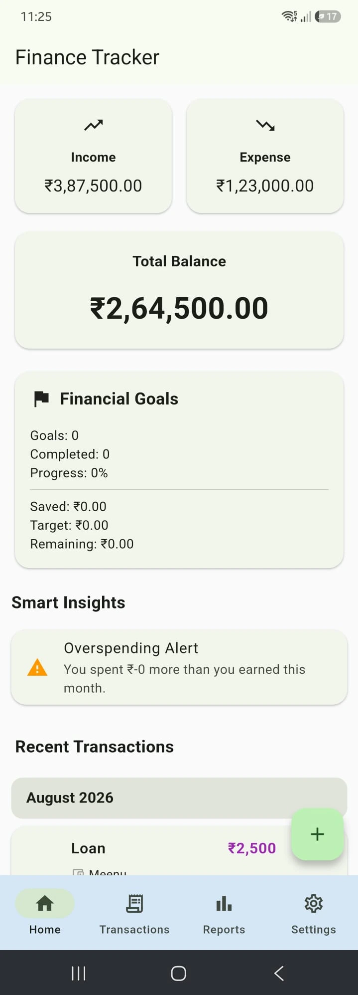 Finance Tracker dashboard showing personal finance overview