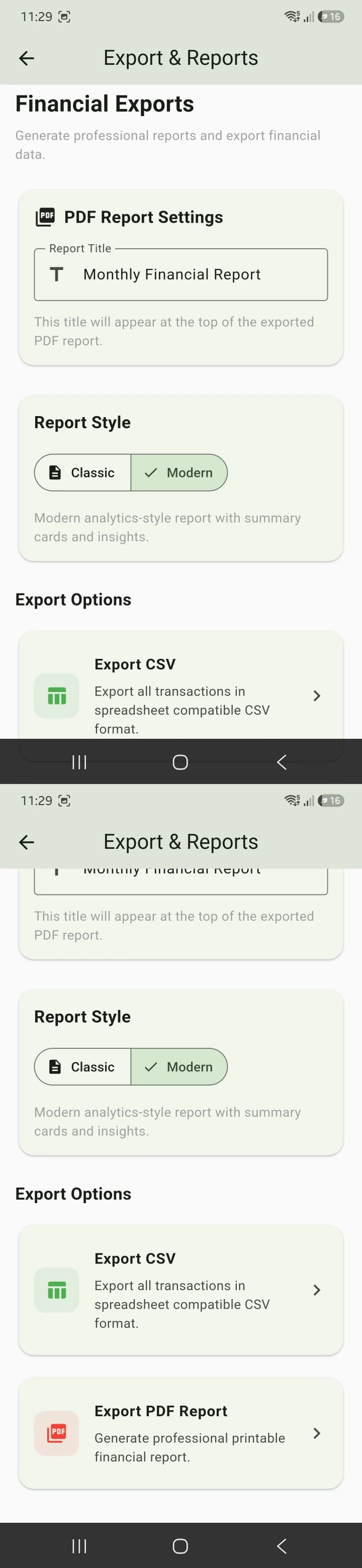 Finance Tracker exports and reports screen