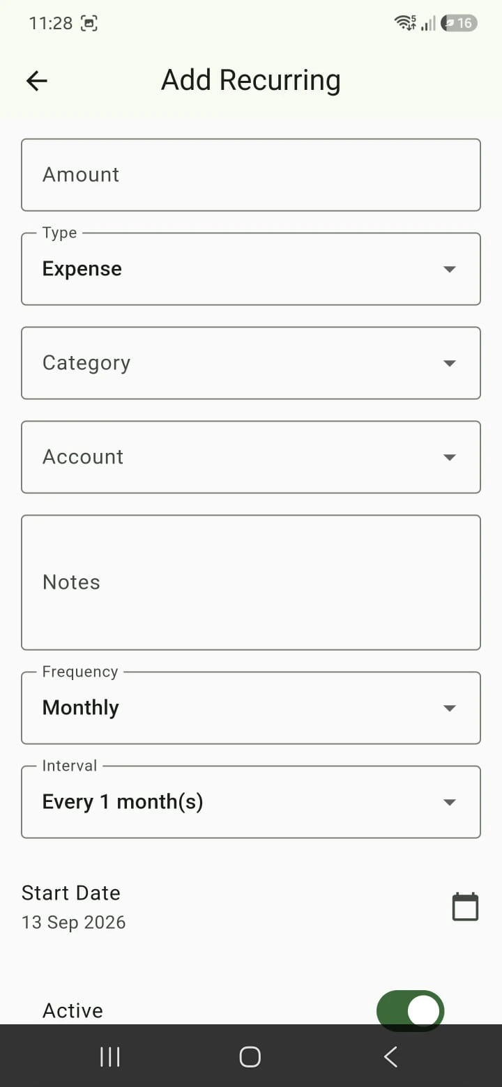 Finance Tracker investments screen