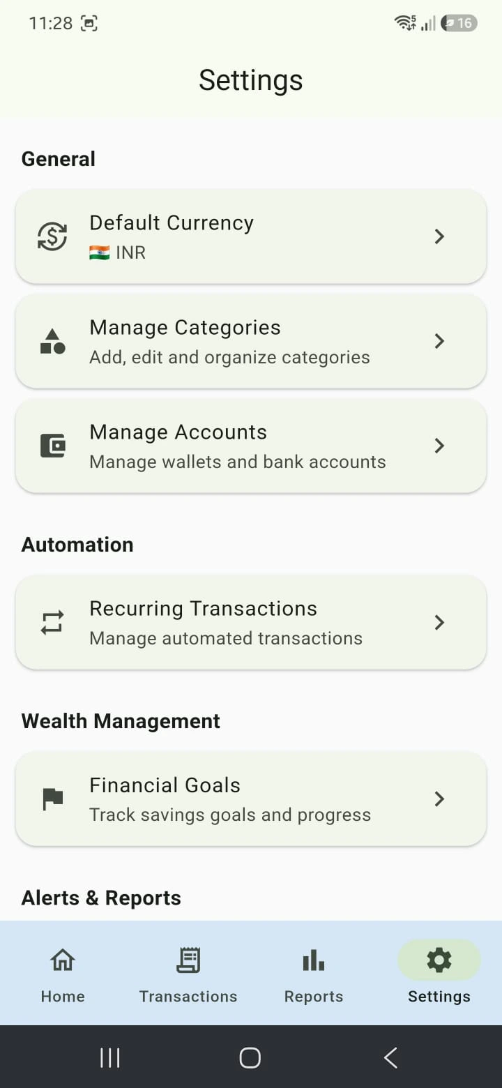 Finance Tracker settings screen