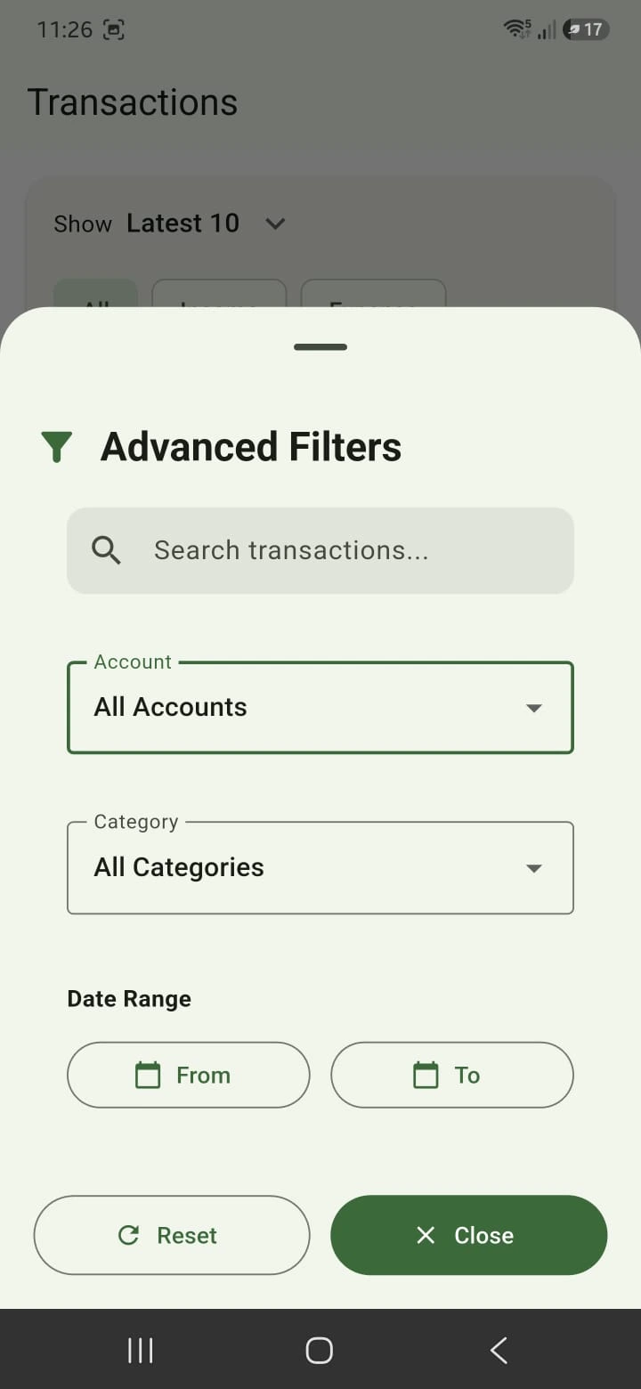Finance Tracker advanced transaction filters screen