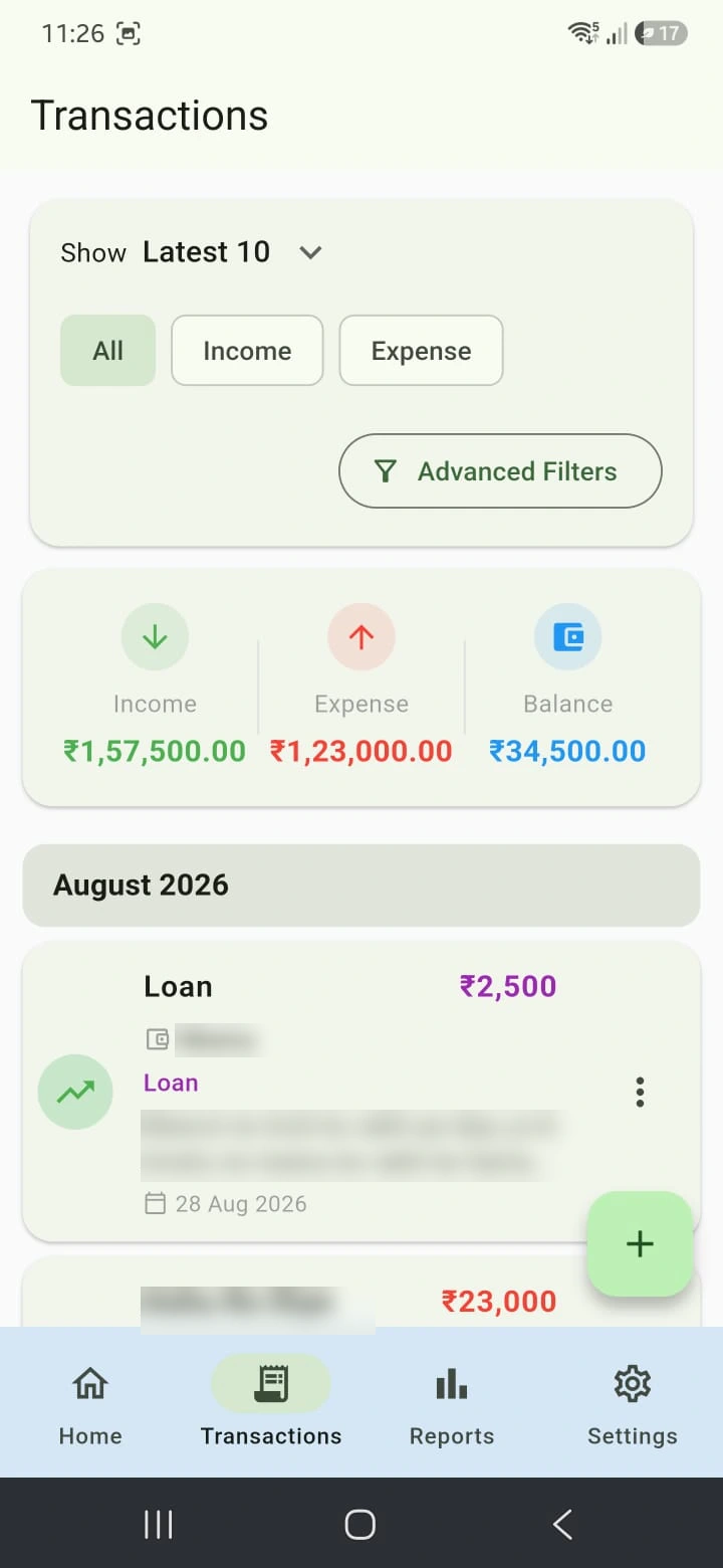 Finance Tracker transactions screen